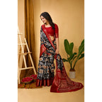 Generic Women's Soft Dola Cotton Kalamkari Printed Saree With Unstitched Blouse 5.5Mtr (Black)