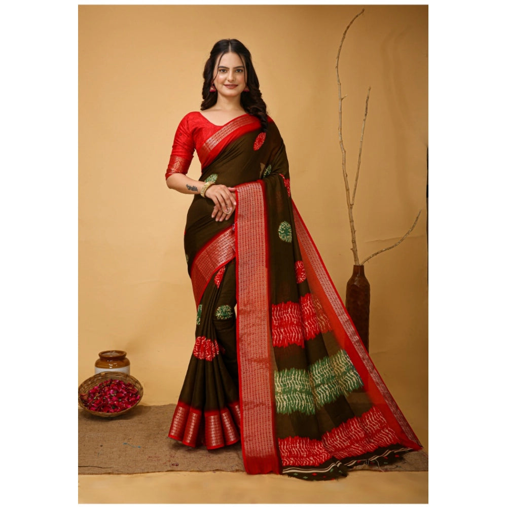 Generic Women's Soft Blooming Marshmallow Fabric Kalamkari Printed Saree With Unstitched Blouse 5.5Mtr (Mehendi)