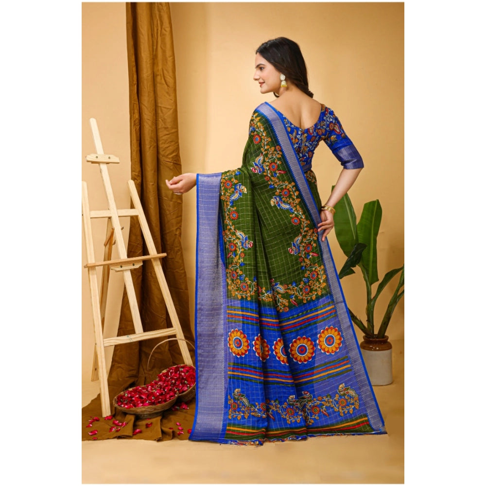 Generic Women's Soft Dola Cotton Kalamkari Printed Saree With Unstitched Blouse 5.5Mtr (Mehendi)
