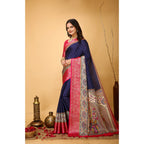 Generic Women's Soft Dola Cotton Kalamkari Printed Saree With Unstitched Blouse 5.5Mtr (Navy Blue)