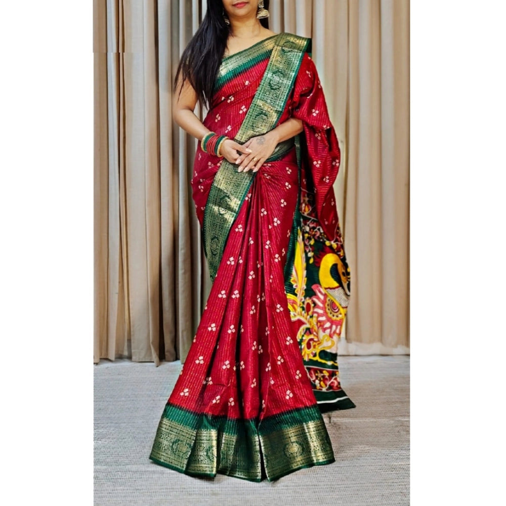 Generic Women's Soft Dola Cotton Kalamkari Printed Saree With Unstitched Blouse 5.5Mtr (Red)