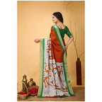 Generic Women's Soft Handloom Cotton Kalamkari Printed Saree With Unstitched Blouse 5.5Mtr (Orange)