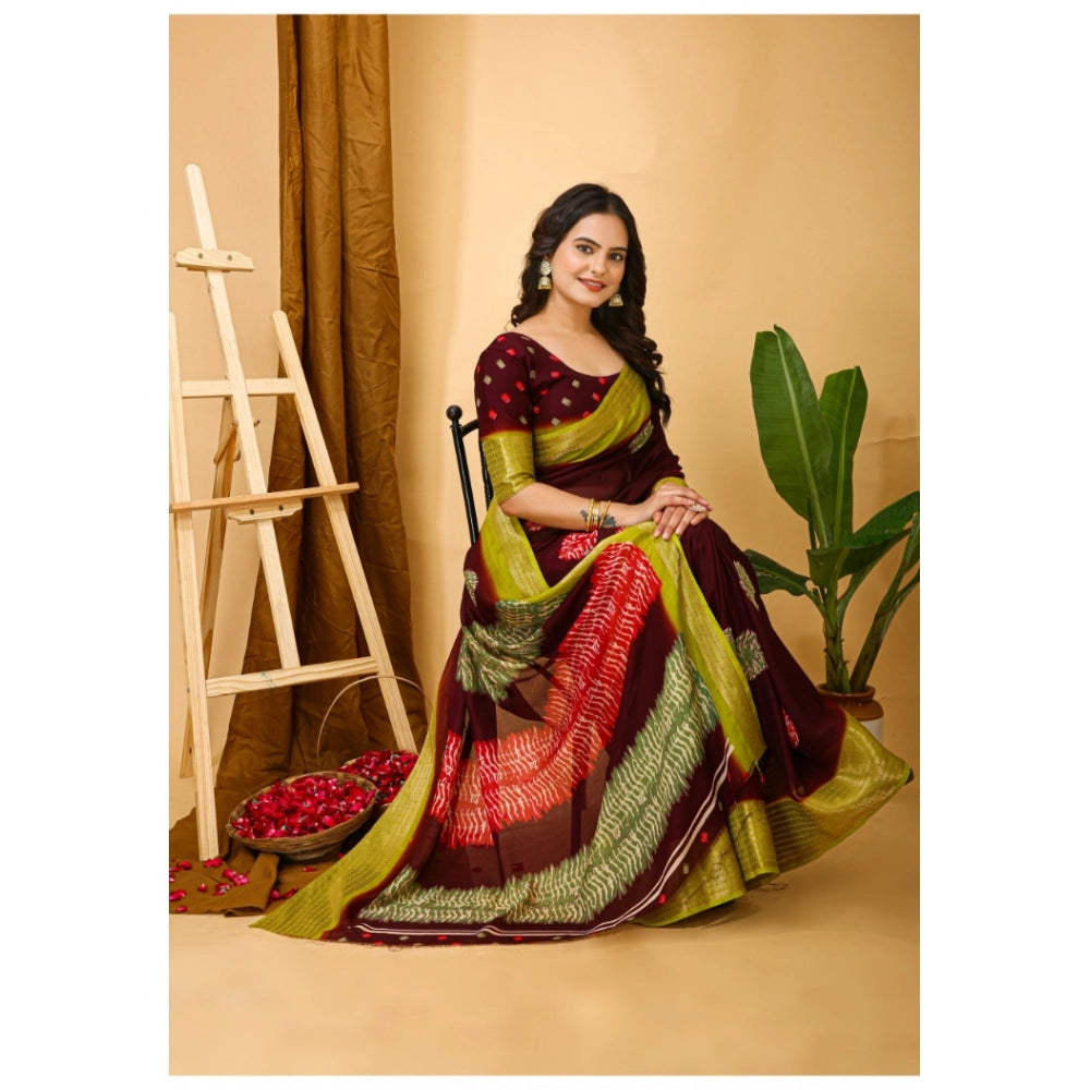 Generic Women's Soft Blooming Marshmallow Fabric Kalamkari Printed Saree With Unstitched Blouse 5.5Mtr (Maroon)