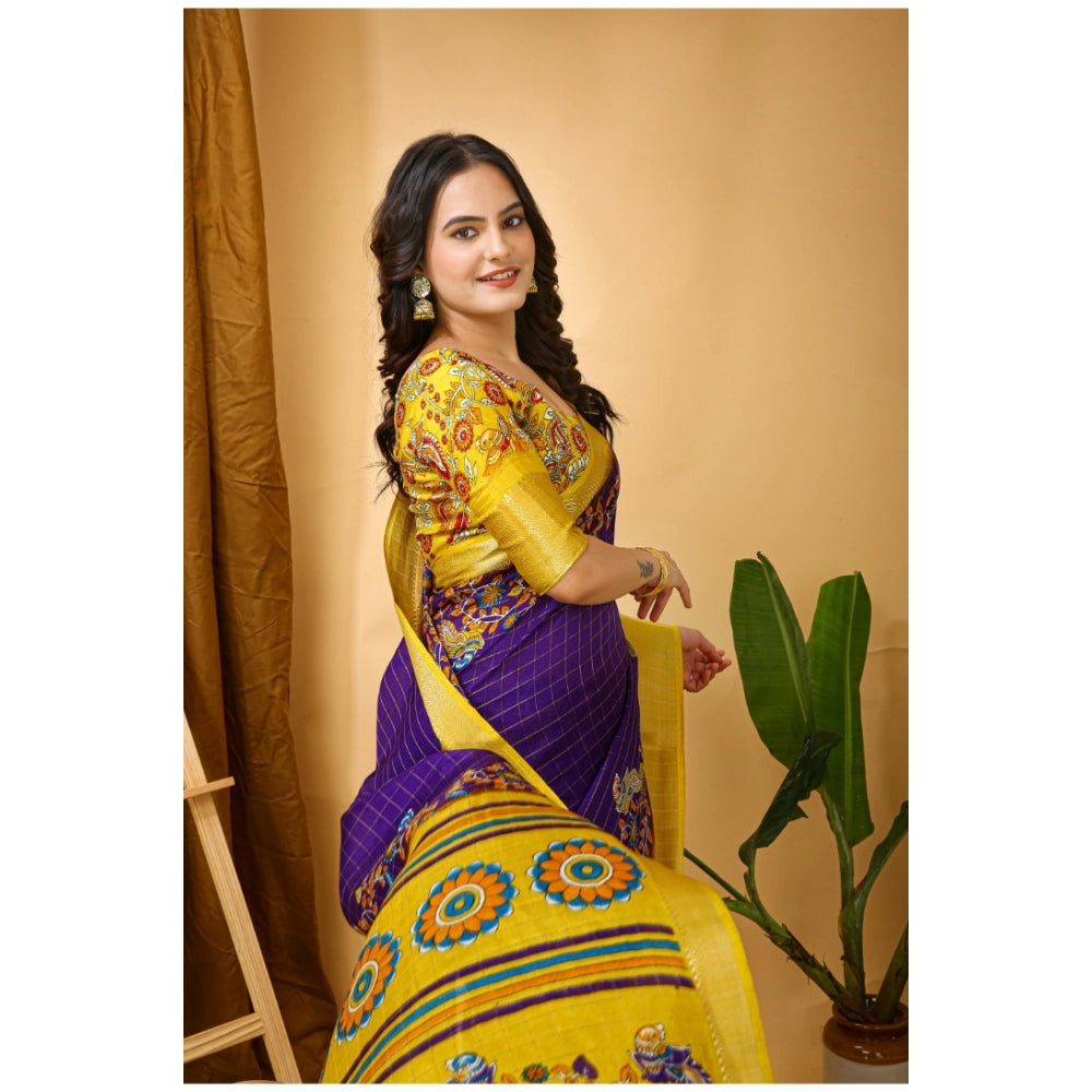 Generic Women's Soft Dola Cotton Kalamkari Printed Saree With Unstitched Blouse 5.5Mtr (Purple)
