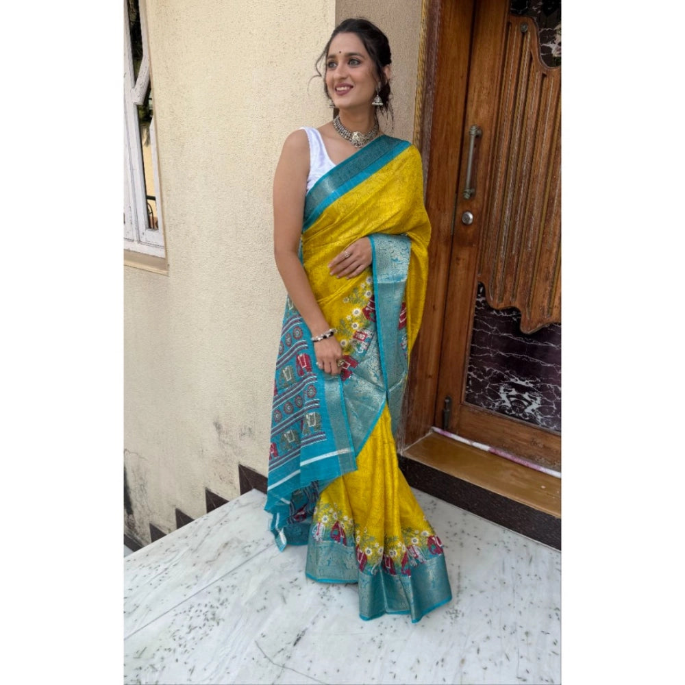 Generic Women's Soft Dola Cotton Kalamkari Printed Saree With Unstitched Blouse 5.5Mtr (Mustard)