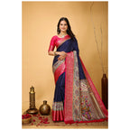 Generic Women's Soft Dola Cotton Kalamkari Printed Saree With Unstitched Blouse 5.5Mtr (Navy Blue)