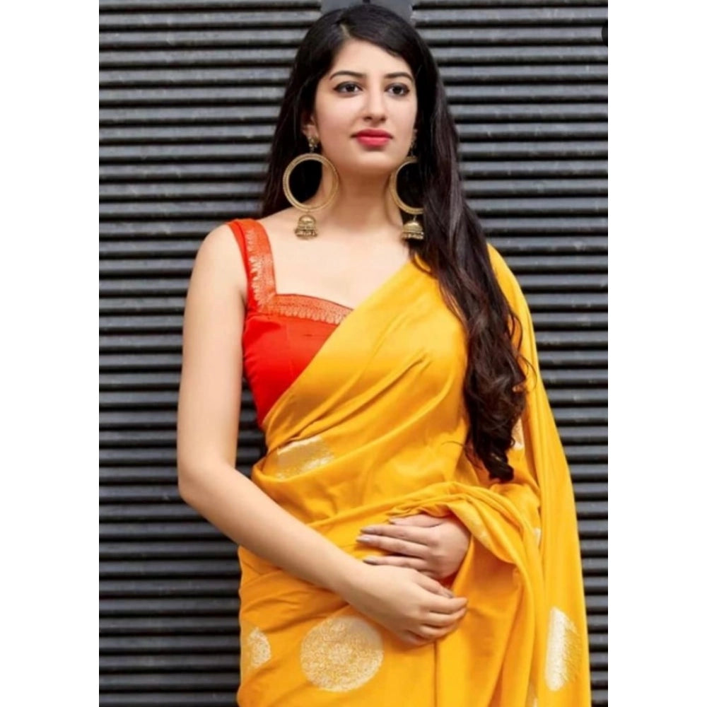 Generic Women's Soft Lichi Silk Printed Saree With Unstitched Blouse 5.5Mtr (Yellow)