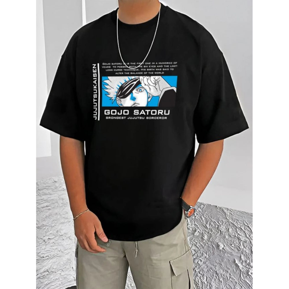 Generic Men's Casual Cotton Blend Printed Round Neck Half Sleeve T-Shirt (Black)