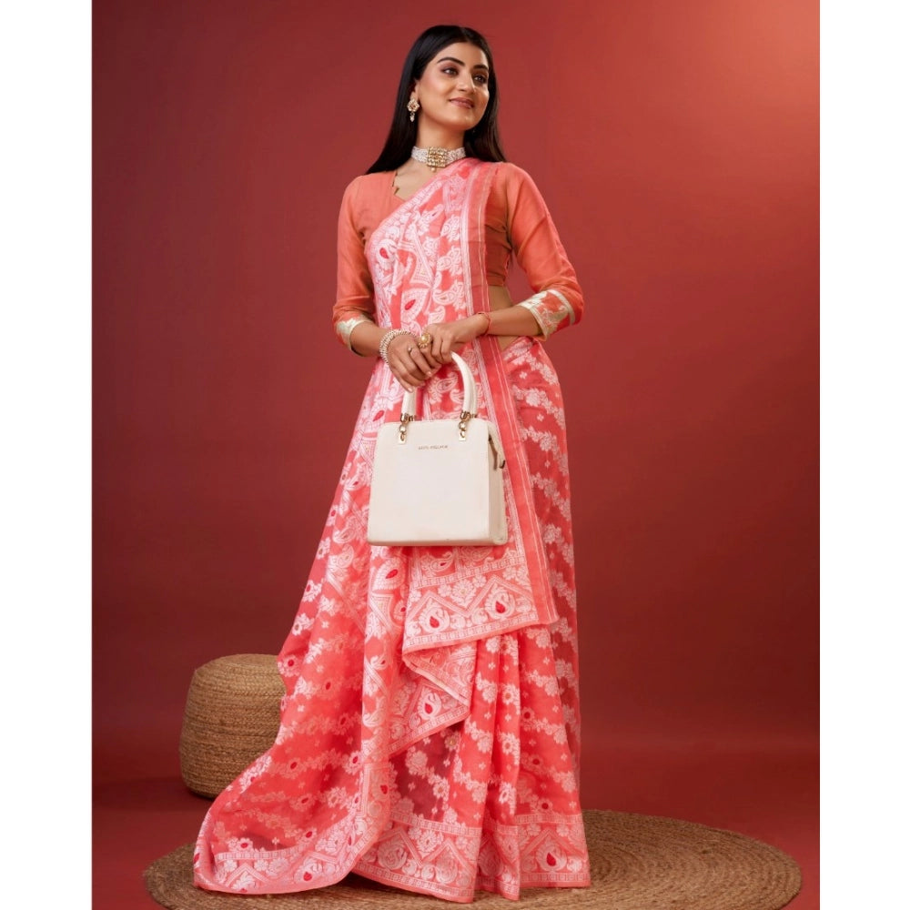 Generic Women's Cotton Silk Printed Saree With Unstitched Blouse 5.5Mtr (Peach)