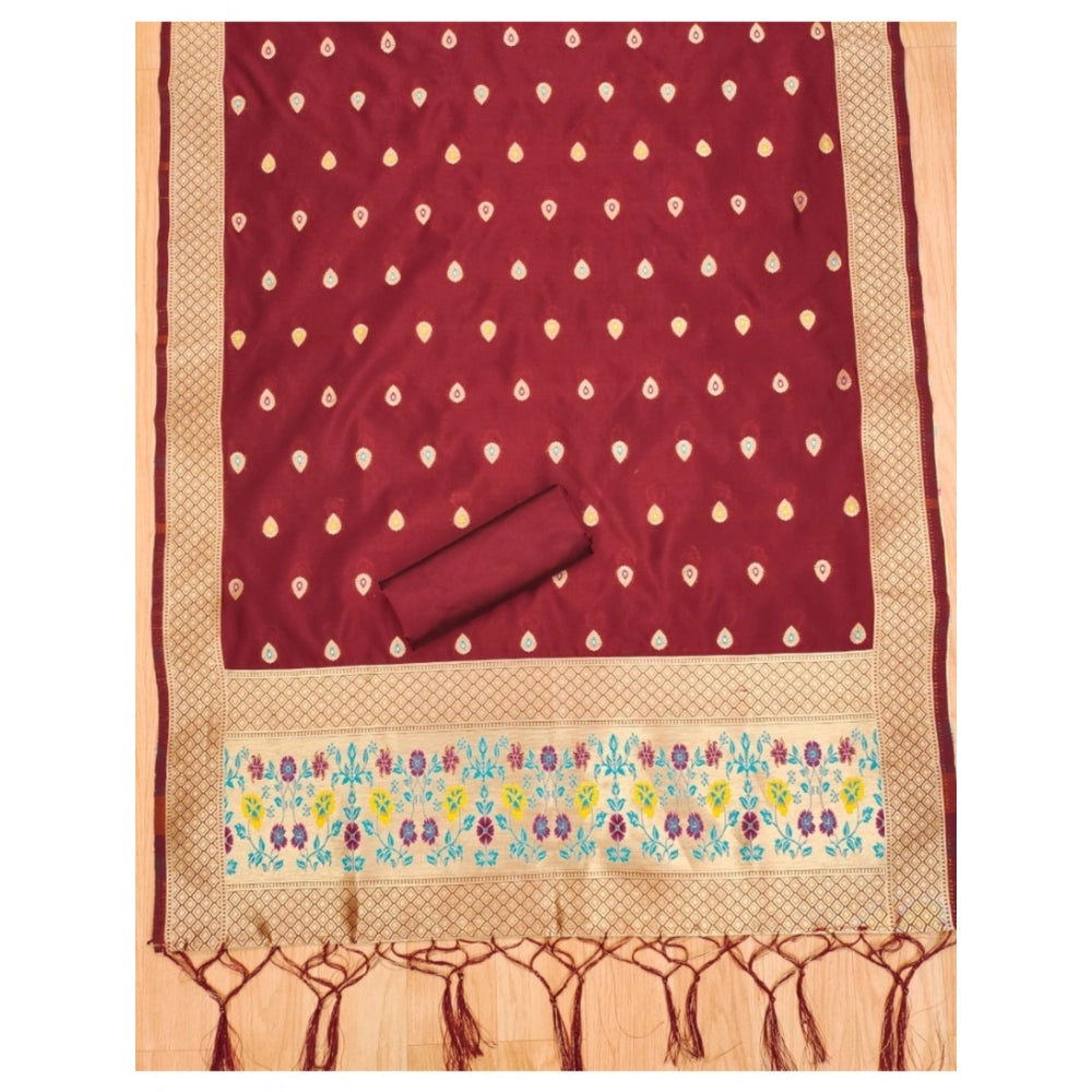 Generic Women's Banarasi Silk Printed Unstitched Salwar Suit Material With Dupatta (Maroon, 3Mtrs)