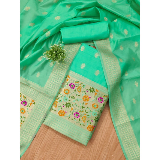 Generic Women's Banarasi Silk Printed Unstitched Salwar Suit Material With Dupatta (Sea Green, 3Mtrs)