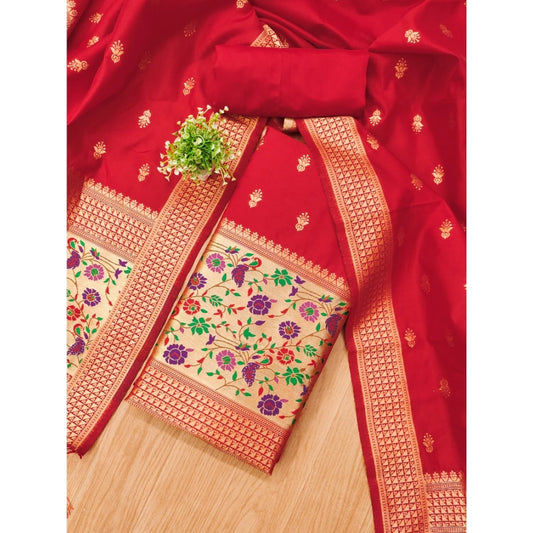 Generic Women's Banarasi Silk Printed Unstitched Salwar Suit Material With Dupatta (Red, 3Mtrs)