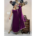 Generic Women's Georgette Embroidery Sleeveless Round Neck Kurti, Palazzo And Dupatta Set (Wine)