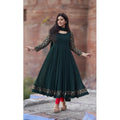 Generic Women's Georgette Embroidery 3-4th Sleeve Round Neck Kurti with Dupatta Set (Green)