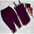 Generic Women's Georgette Embroidery Sleeveless Round Neck Kurti, Palazzo And Dupatta Set (Wine)
