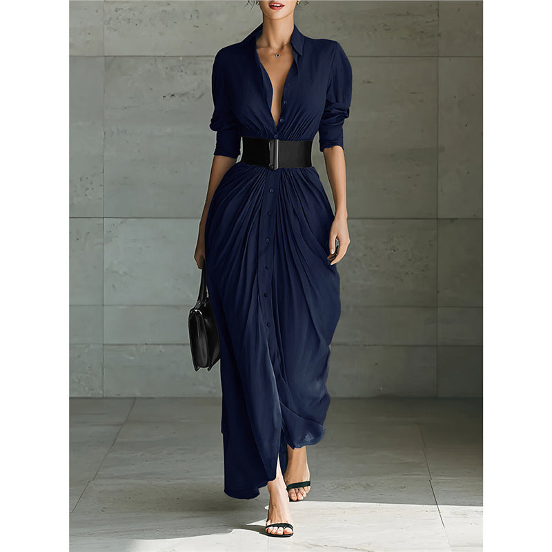 Chic Collared Button-Down Shirt Dress With Belt