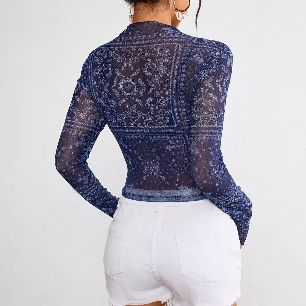 Women's Mesh Printed Long-Sleeve Top