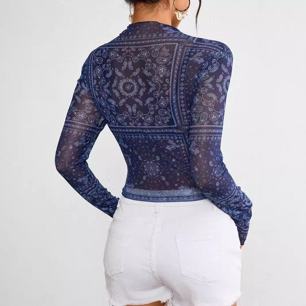 Women's Mesh Printed Long-Sleeve Top