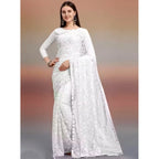 Generic Women's Net Self Design Saree With Unstitched Blouse 5.5Mtr (White)
