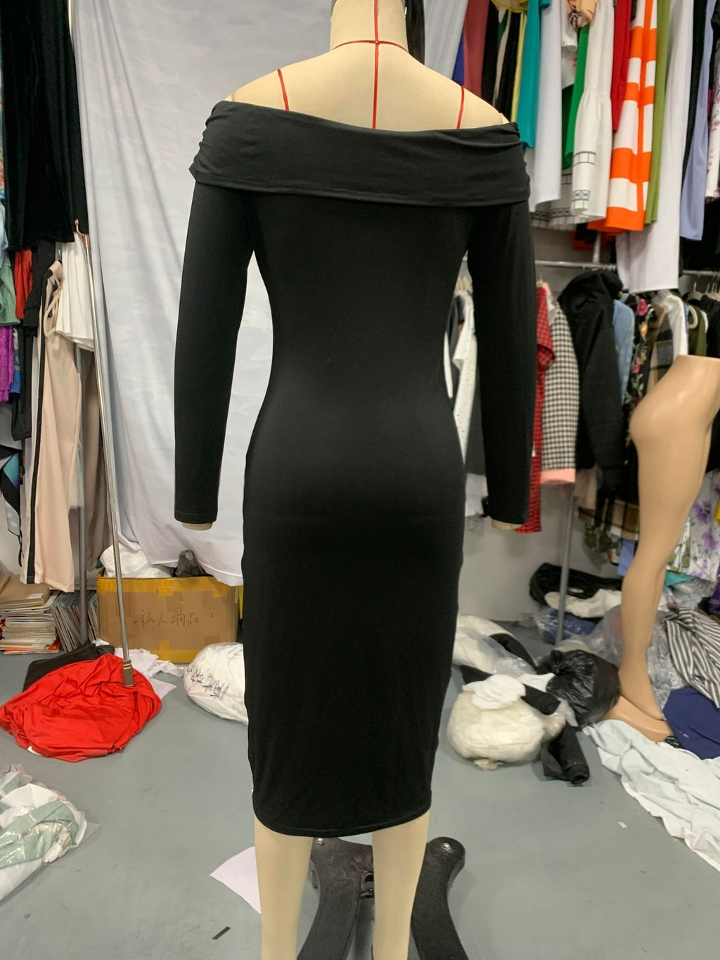Womens Fashion Solid-Color Long-Sleeve Beaded Sheath Off-Shoulder Dress