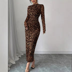 European And American Leopard-Print Fashion Long-Sleeve Dress