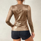 Elegant Party-Style Shiny V-Neck Pleated Top