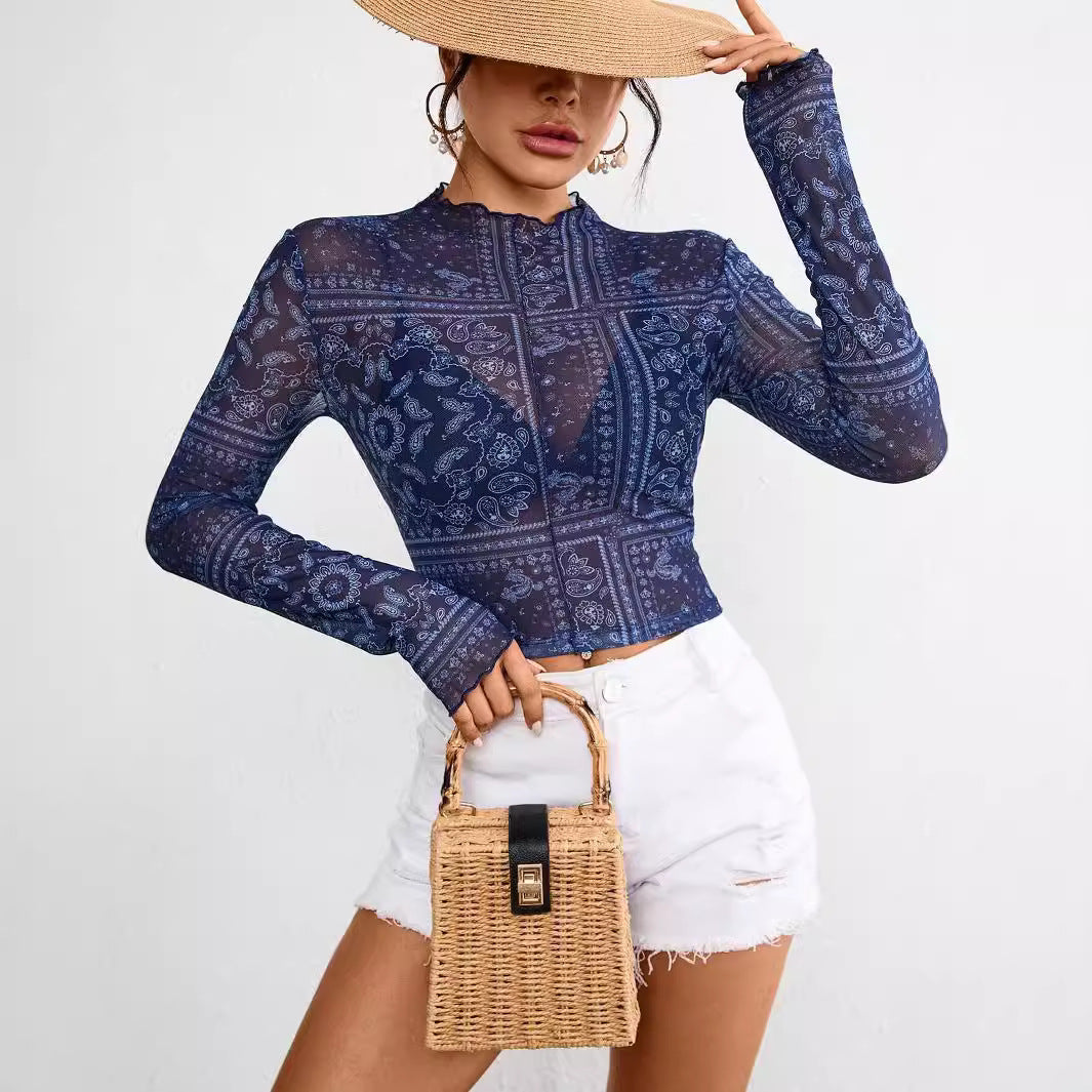 Women's Mesh Printed Long-Sleeve Top