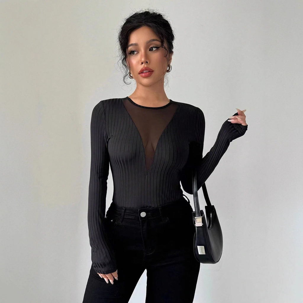 New Womens Sexy Front-chest Mesh-panel Hollow-out Long-sleeve Top
