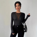 New Womens Sexy Front-chest Mesh-panel Hollow-out Long-sleeve Top