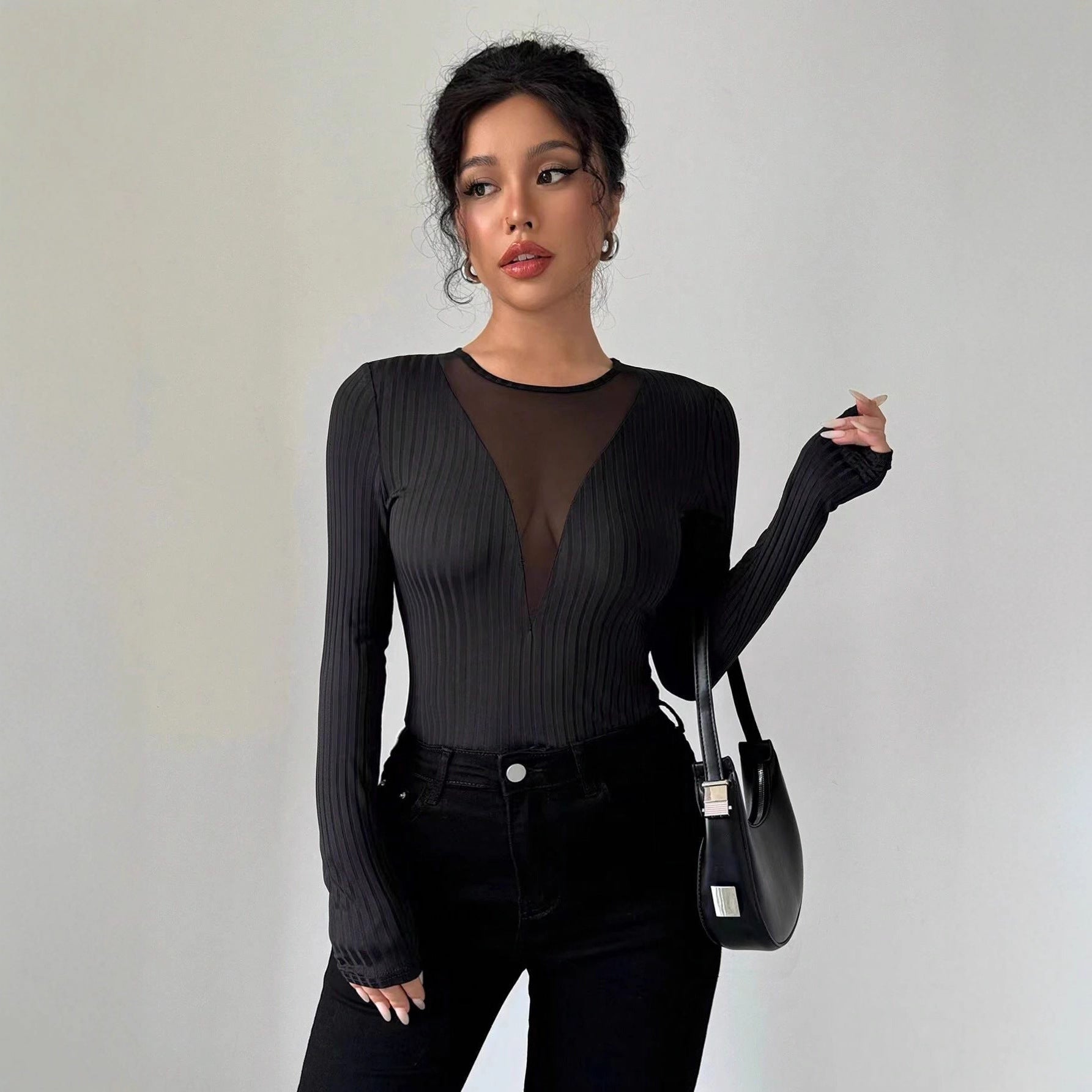 New Womens Sexy Front-chest Mesh-panel Hollow-out Long-sleeve Top
