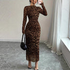 European And American Leopard-Print Fashion Long-Sleeve Dress