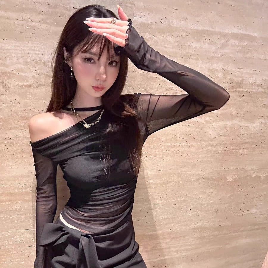 Pure Seductive Mesh Long-Sleeve Bodycon Tube Top