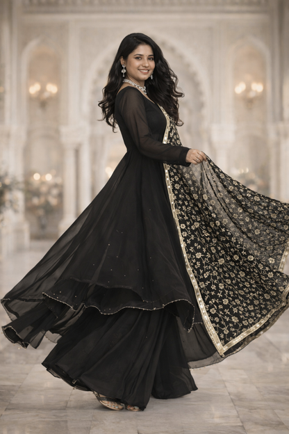 Siyahi Black Georgette Anarkali Suit Set-0