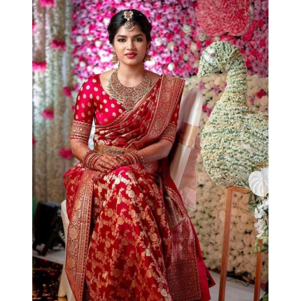 Generic Women's Litchi silk Printed Saree With Unstitched Blouse (Red)