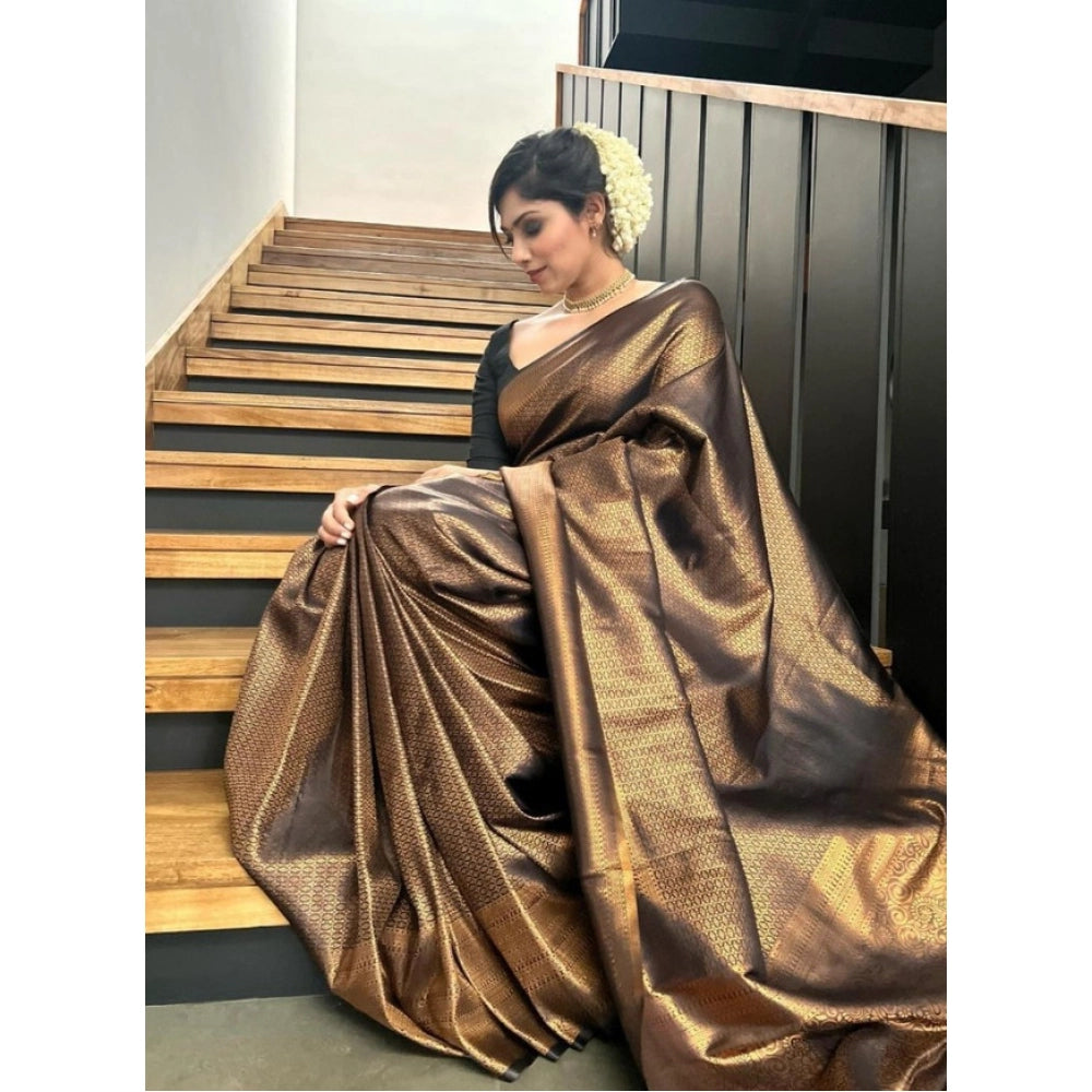 Generic Women's Litchi silk Printed Saree With Unstitched Blouse (Gold)