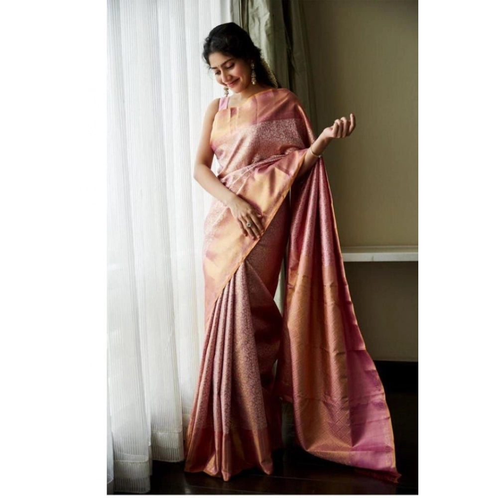 Generic Women's Litchi silk Printed Saree With Unstitched Blouse (Light Pink)