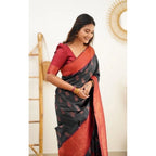 Generic Women's Litchi silk Printed Saree With Unstitched Blouse (Grey)