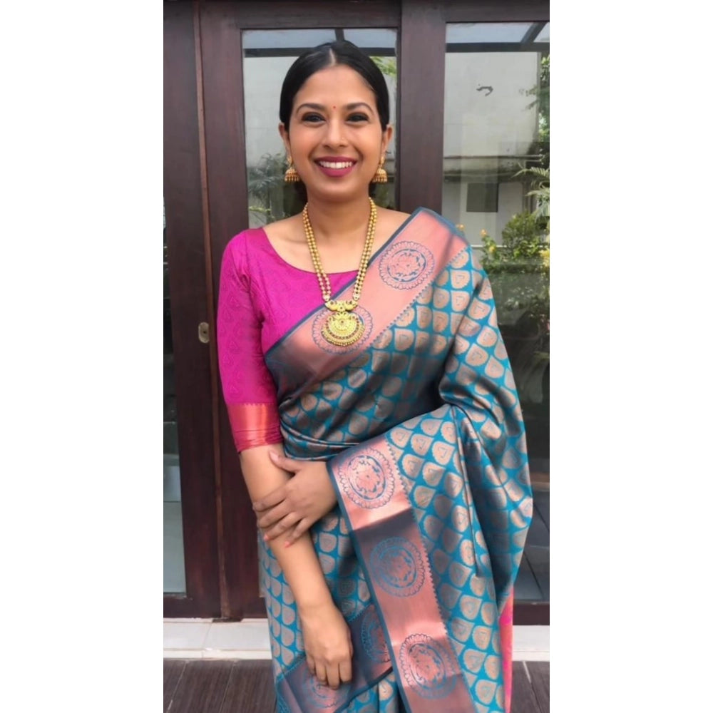 Generic Women's Litchi silk Printed Saree With Unstitched Blouse (Blue)