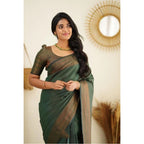 Generic Women's Litchi silk Printed Saree With Unstitched Blouse (Green)