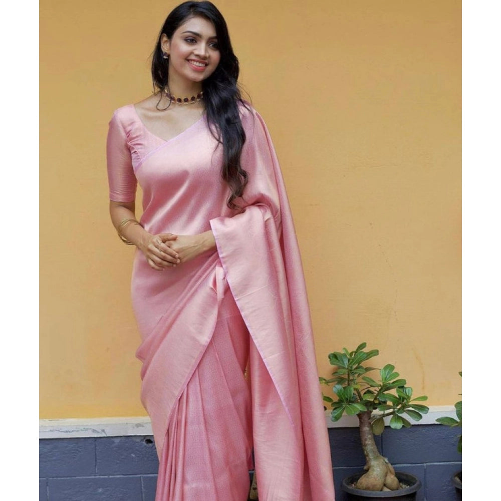 Generic Women's Litchi silk Printed Saree With Unstitched Blouse (Light Pink)