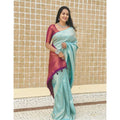 Generic Women's Litchi silk Printed Saree With Unstitched Blouse (Blue)