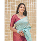 Generic Women's Litchi silk Printed Saree With Unstitched Blouse (Blue)