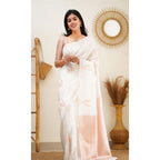 Generic Women's Litchi silk Printed Saree With Unstitched Blouse (White)