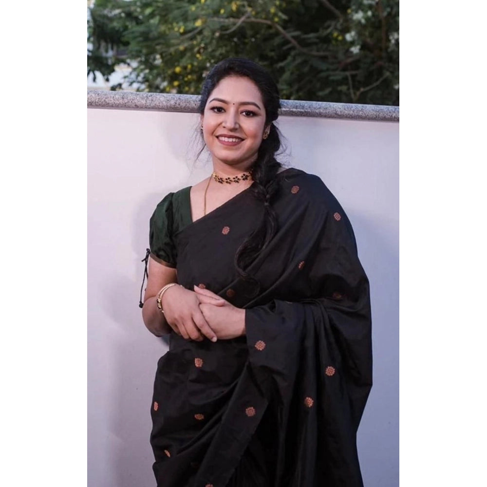 Generic Women's Litchi silk Printed Saree With Unstitched Blouse (Black)