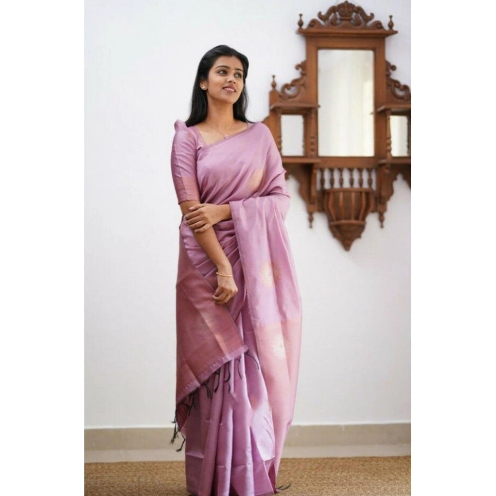 Generic Women's Litchi silk Printed Saree With Unstitched Blouse (Light Pink)