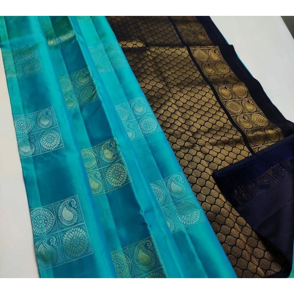 Generic Women's Litchi silk Printed Saree With Unstitched Blouse (Light Blue With Black)