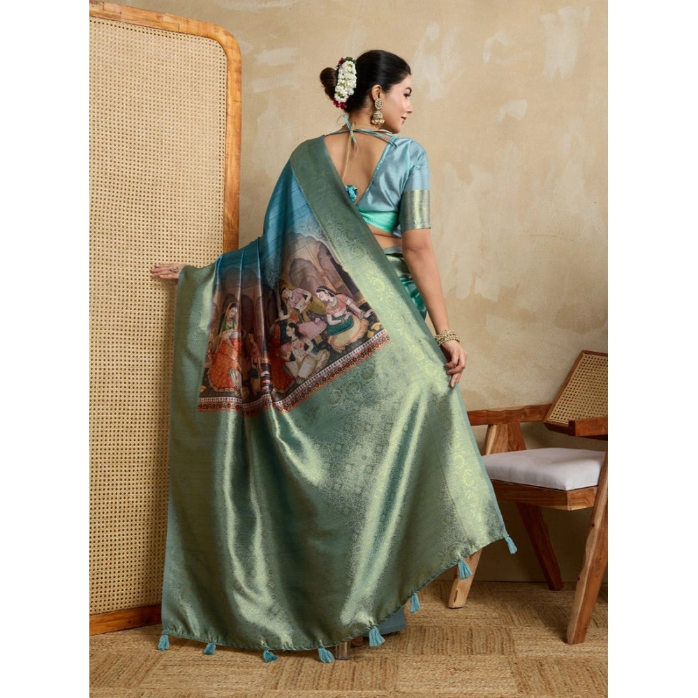 Generic Women's Silk Printed Saree With Unstitched Blouse 5.5Mtr (Blue)