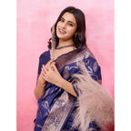 Generic Women's Banarasi Silk Printed Saree With Unstitched Blouse 5.5Mtr (Blue)
