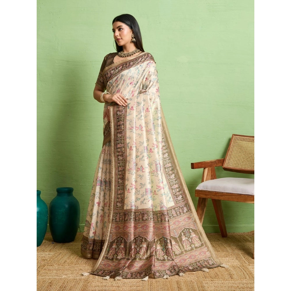 Generic Women's Silk Blend Printed Saree With Unstitched Blouse 5.5Mtr (Cream)