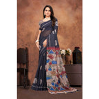 Generic Women's Linen Printed Saree With Unstitched Blouse 5.5Mtr (Black)